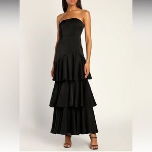 Black Satin Strapless Tiered Maxi Dress LULUS